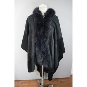 Mitchie's Blue Fox Fur Trim Cape OS Black Gray Wool Blend Wrap Women Poncho